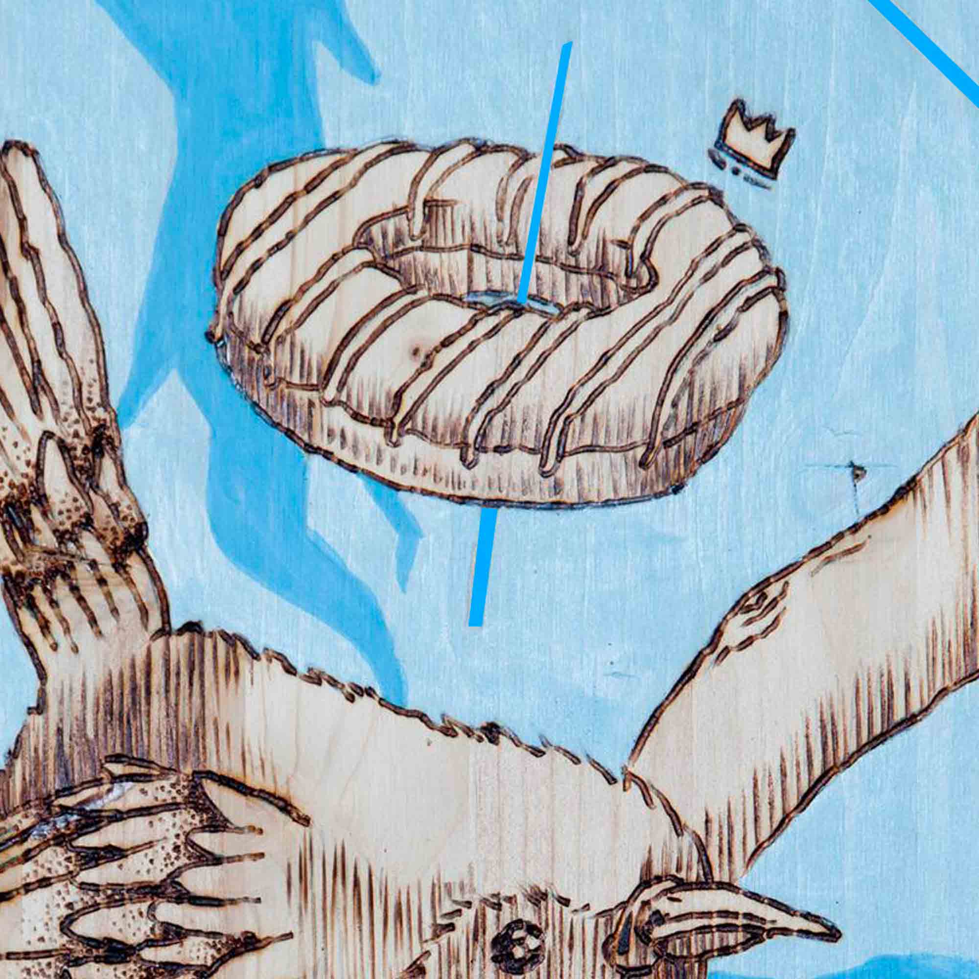 INNAMORATI artwork uccellino donut ciambella celeste pirografo acrilici